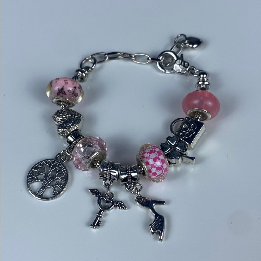 Y2K Silver Charm Bracelet with Pink Beads - Picture 1 of 3